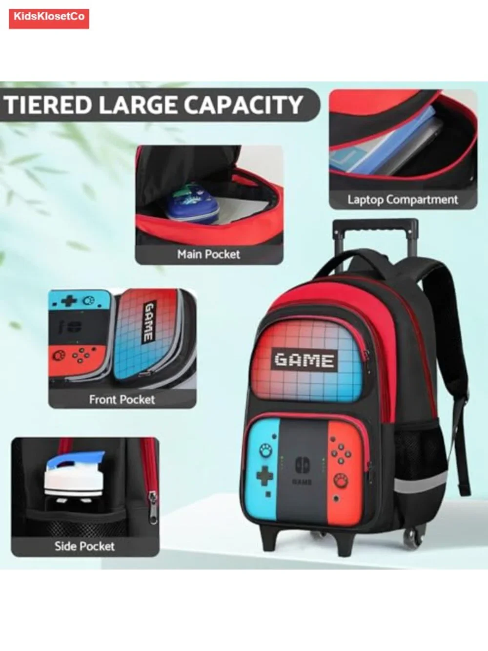 Kids Rolling Backpack with Wheels for Boys, Game Print Wheeled School Bag,